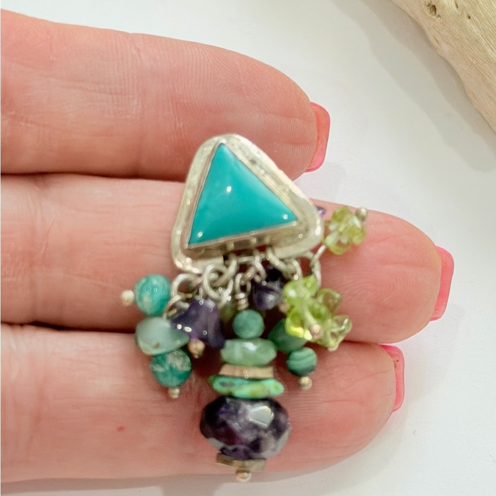 Turquoise Triangle Cluster Gemstone Drop Earrings… - image 2